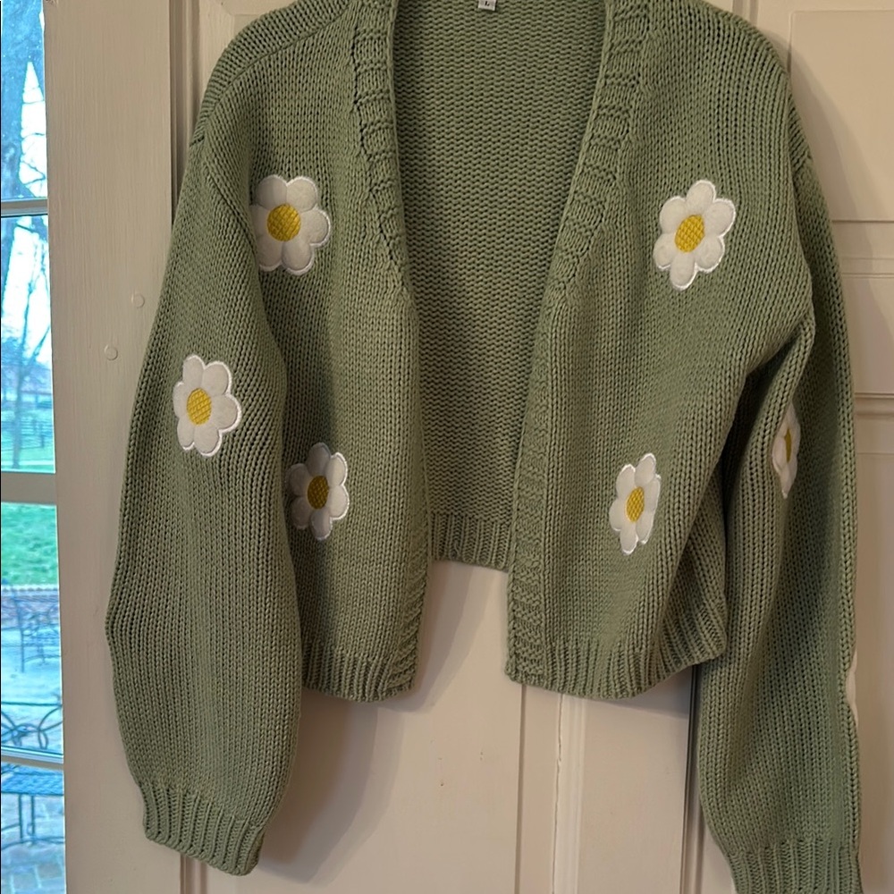 Green Floral Knit Sweater